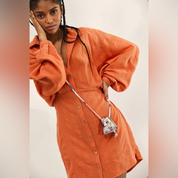Free People Dresses & Skirts - Free People Batwing Shirt Dress Tangerine Boho Mini 90% Cotton Women’s Sz XS